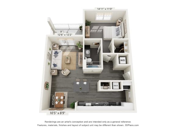 Floor Plan  a 1 bedroom floorplan is shown with a wood floor