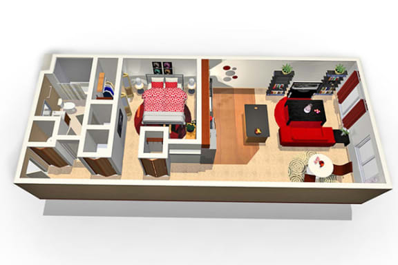 Floor Plan  an overhead view of a living room with a red couch