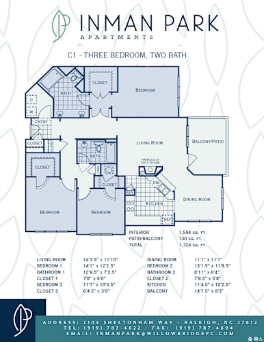 Floor Plan  A floor plan for Inman Park Apartments, a three bedroom, two bathroom apartment.