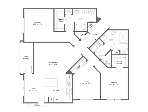 Floor Plan  A black and white floor plan of a house with a living room, dining room, kitchen, and multiple bedrooms.