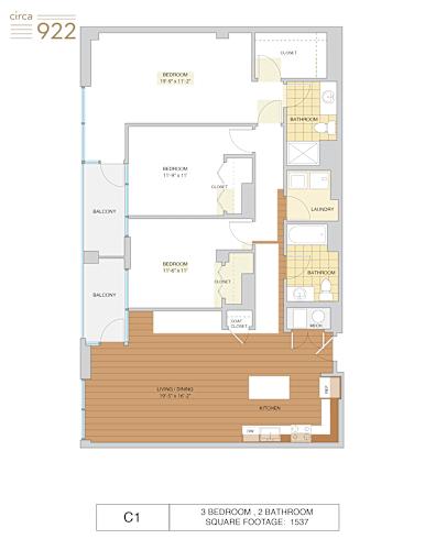 Floor Plan  A floor plan of a property with three bedrooms and two bathrooms.