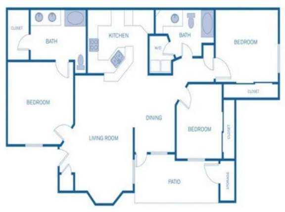 Floor Plan  A blue and white floor plan of a house with a living room, dining room, kitchen, and several bedrooms.