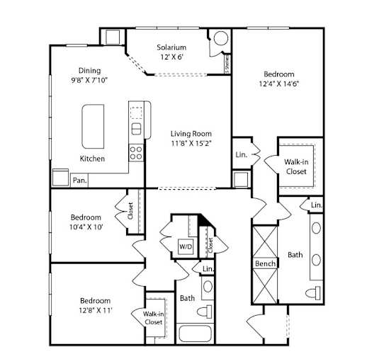 Floor Plan  A floor plan of a house with a living room, dining room, kitchen, and three bedrooms.