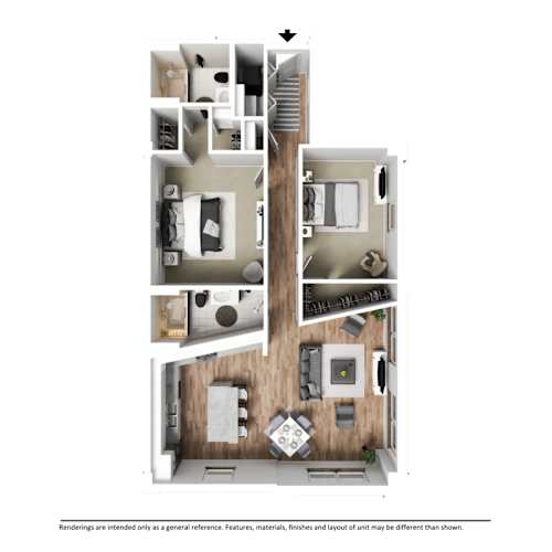 Floor Plan  A floor plan of a two-story apartment with a living room, kitchen, and bedrooms.