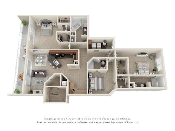 Floor Plan  A 3D floor plan of a multi-level residential building.