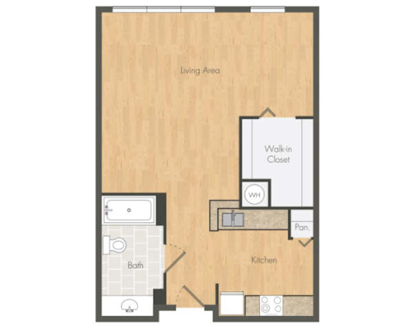 Floor Plan  A floor plan of a house with a living area, kitchen, bath, and walk-in closet.