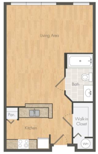 Floor Plan  A floor plan of a small apartment with a living area, kitchen, bathroom, and walk-in closet.