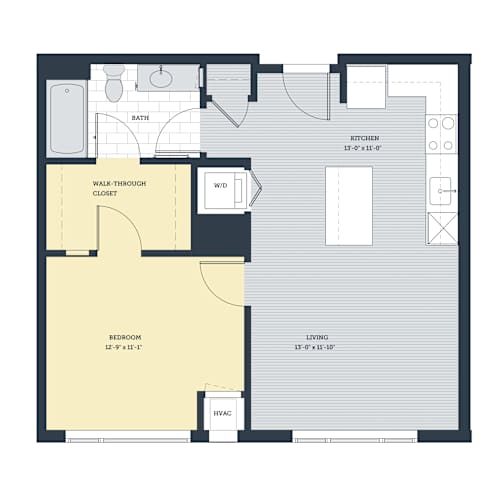 Floor Plan  A floor plan of a home with a bedroom, bathroom, kitchen, living room, and walk-through closet.