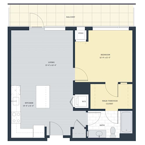 Floor Plan  A floor plan of an apartment with a living room, kitchen, bedroom, bathroom, and walk-through closet.