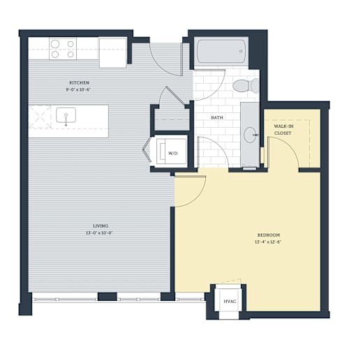 Floor Plan  A floor plan of a house with a kitchen, living room, bedroom, bathroom, and walk-in closet.