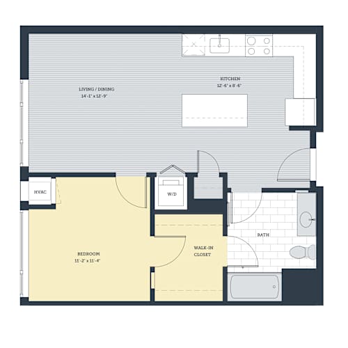 Floor Plan  A floor plan of a house with a living room, kitchen, bedroom, bathroom, and walk-in closet.