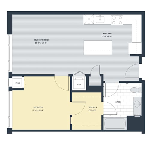Floor Plan  A floor plan of a house with a bedroom, kitchen, and bathroom.