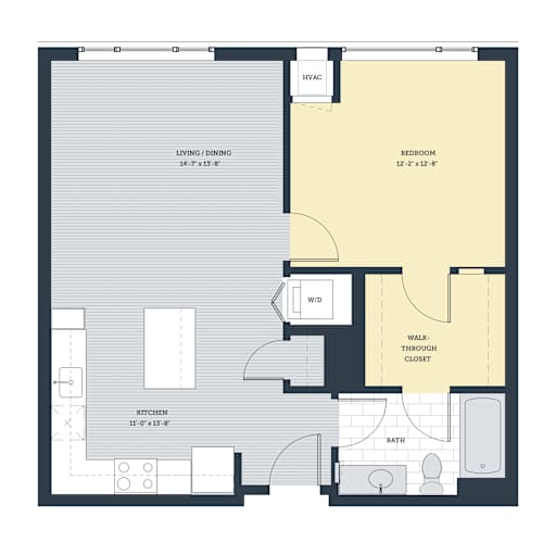 Floor Plan  A floor plan of a house with a living/dining area, kitchen, bedroom, bathroom, and walk-through closet.