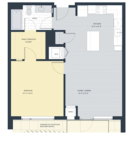 Floor Plan  A floor plan of a house with a bedroom, bathroom, kitchen, living room, and dining room.