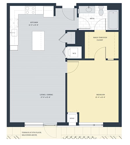 Floor Plan  A floor plan of a house with a kitchen, living room, dining room, bedroom, bathroom, and walk-through closet.