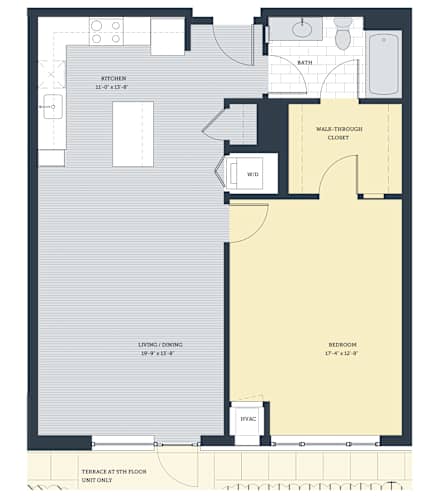Floor Plan  A floor plan of a house with a kitchen, living room, bedroom, bathroom, and walk-through closet.