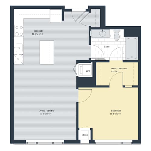 Floor Plan  A floor plan of a house with a kitchen, living room, bedroom, bathroom, walk-through closet, and HVAC unit.