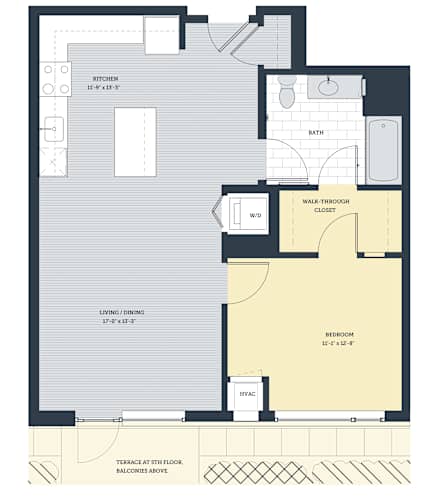 Floor Plan  A floor plan of a house with a kitchen, living room, dining room, bathroom, and bedroom.