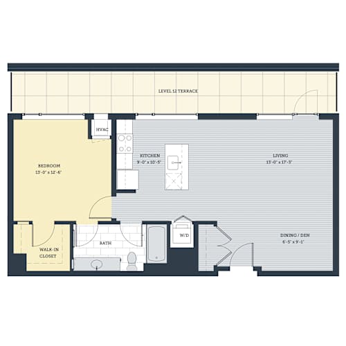 Floor Plan  A floor plan of a house with a bedroom, bathroom, kitchen, living room, dining area, and walk-in closet.
