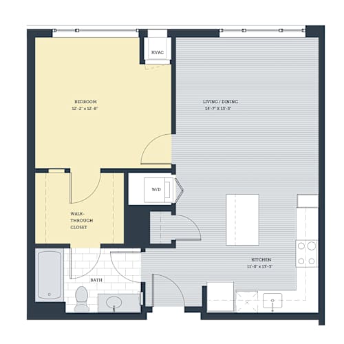 Floor Plan  A floor plan of a house with a bedroom, living/dining area, kitchen, bathroom, and walk-through closet.