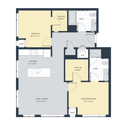 Floor Plan  A floor plan of a house with a living room, dining room, kitchen, and two bedrooms.