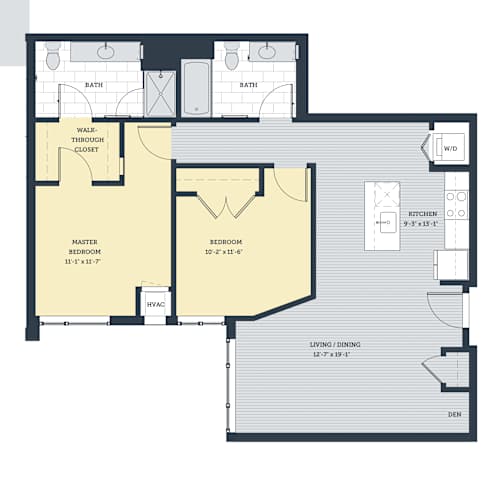 Floor Plan  A floor plan of a house with two bedrooms, a living room, a kitchen, and a den.