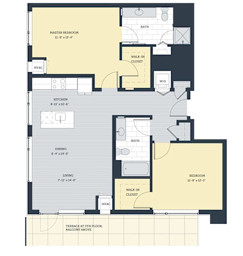 Floor Plan  A floor plan of a house with a master bedroom, bath, walk-in closet, kitchen, dining area, living room, and two bedrooms.