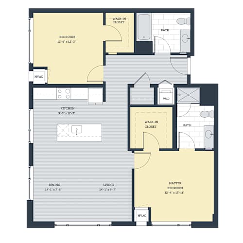 Floor Plan  A floor plan of a house with a master bedroom, two bathrooms, a kitchen, a dining area, a living room, and a walk-in closet.