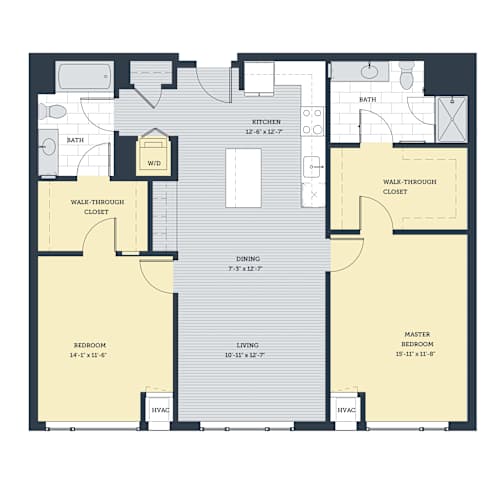 Floor Plan  A floor plan of a house with a kitchen, dining room, living room, and three bedrooms.