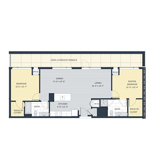 Floor Plan  A floor plan of a home with a master bedroom, two bathrooms, a dining area, a living room, a kitchen, and a walk-in closet.