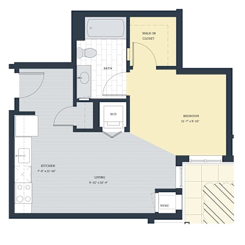 Floor Plan  A floor plan of a house with a living room, kitchen, bathroom, and bedroom.