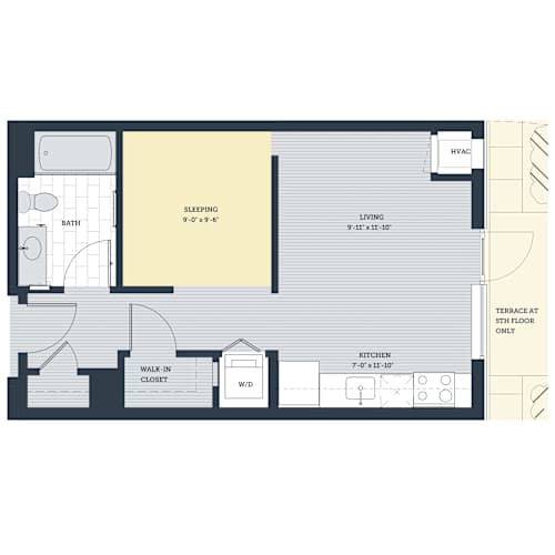 Floor Plan  A floor plan of a house with a sleeping area, bathroom, kitchen, living room, and walk-in closet.