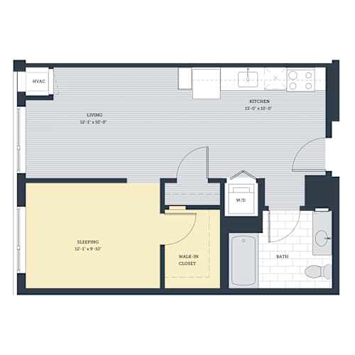 Floor Plan  A floor plan of a small apartment with a sleeping area, kitchen, and bathroom.
