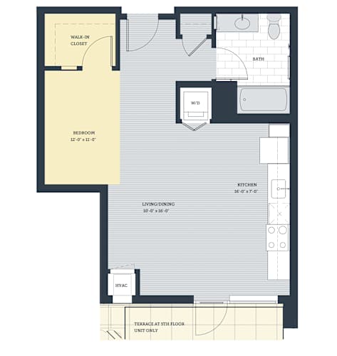 Floor Plan  A floor plan of a small apartment with a bedroom, living room, kitchen, bathroom, and a walk-in closet.