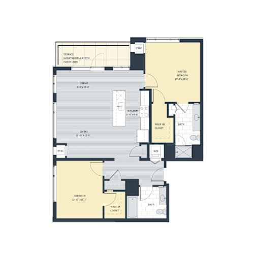 Floor Plan  A floor plan of a house with a kitchen, dining room, living room, and two bedrooms.