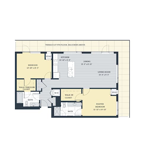 Floor Plan  A floor plan of a house with a master bedroom, two bathrooms, a living room, a dining room, a kitchen, a bedroom, and a walk-through closet.