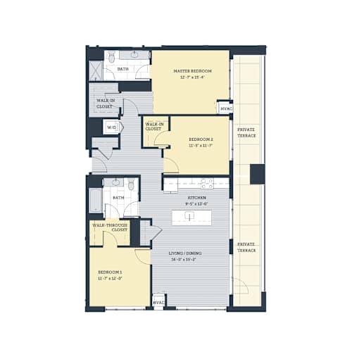 Floor Plan  A floor plan of an apartment with three bedrooms, a living area, a kitchen, and a terrace.