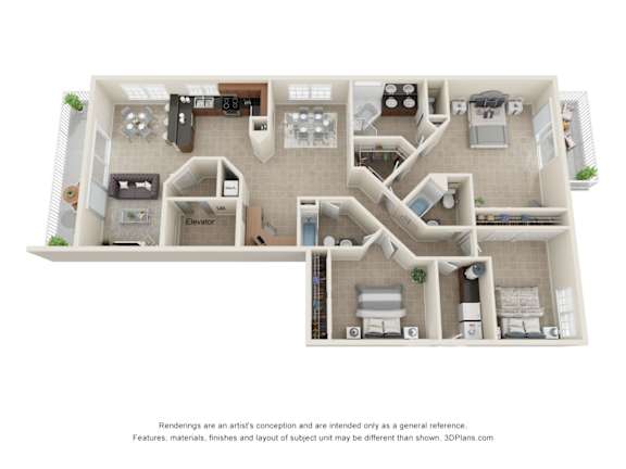 Floor Plan  A 3D floor plan of a house with a kitchen, living room, and bedrooms.