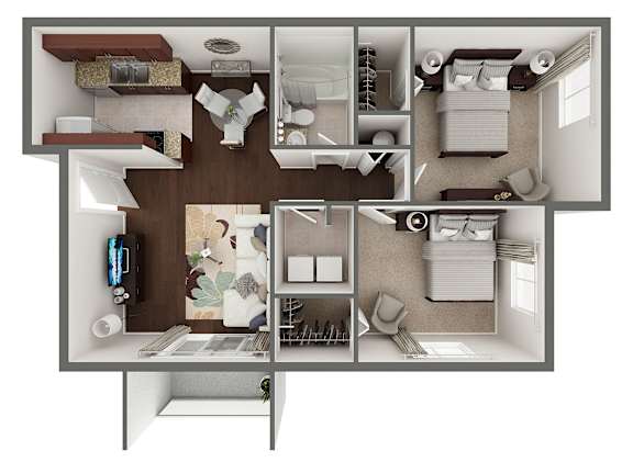 Floor Plan  A 3D floor plan of a small apartment with a kitchen, living room, and bedroom.
