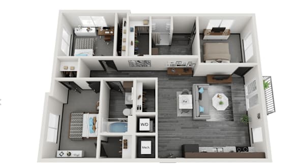 Floor Plan  A top-down view of a small apartment with a kitchen, living room, and bathroom.