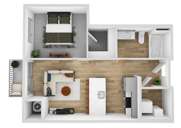 Floor Plan  a 3d rendering of a bedroom and bathroom with a wood floor