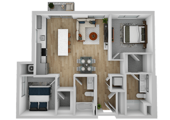 Floor Plan  a stylized rendering of a bedroom and living room with a wood floor