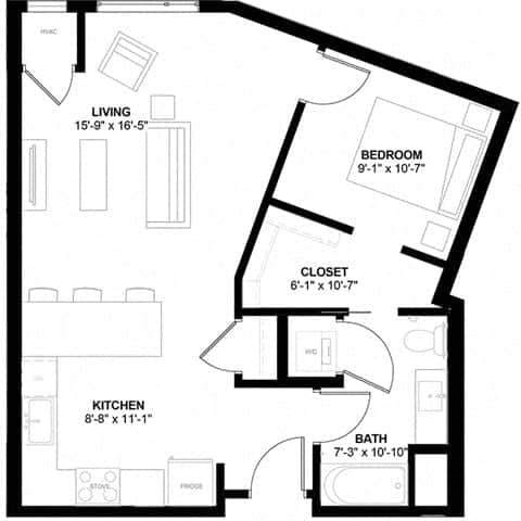 Floor Plan  the floor plan for a small apartment with a bedroom and a living room