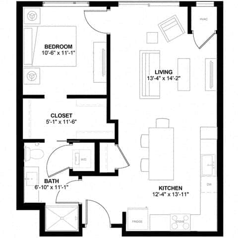 Floor Plan  a floor plan of a small house with a kitchen and a living room
