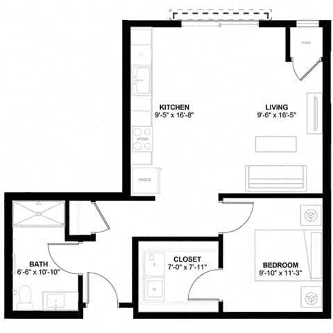 Floor Plan  a floor plan of a small house with a kitchen and a living room