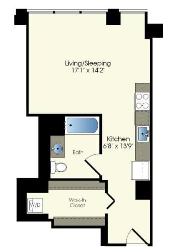 Floor Plan  a floor plan of a small house with a kitchen and a living room