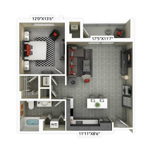 Floor Plan  3d model of a 1 bedroom apartment