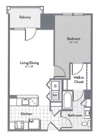 Floor Plan  A floor plan of a small apartment with a living room, dining room, kitchen, bathroom, bedroom, and balcony.