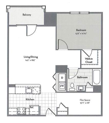Floor Plan  A floor plan of a small apartment with a living room, kitchen, bedroom, and bathroom.