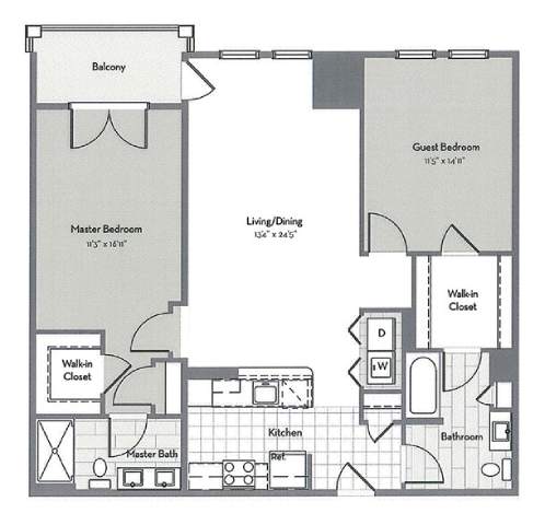 Floor Plan  A floor plan of a house with a balcony, two bedrooms, a living/dining area, a kitchen, a bathroom, and a walk-in closet.